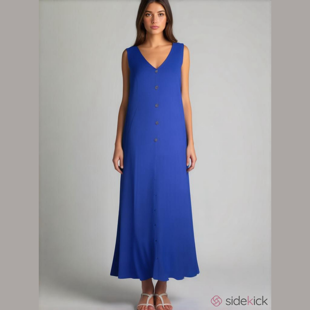 Susan Graver Blue Sleeveless Button-Down maxi Dress